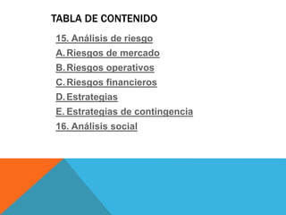 TABLA DE CONTENIDO
15. Análisis de riesgo
A.Riesgos de mercado
B.Riesgos operativos
C.Riesgos financieros
D.Estrategias
E. Estrategias de contingencia
16. Análisis social
 