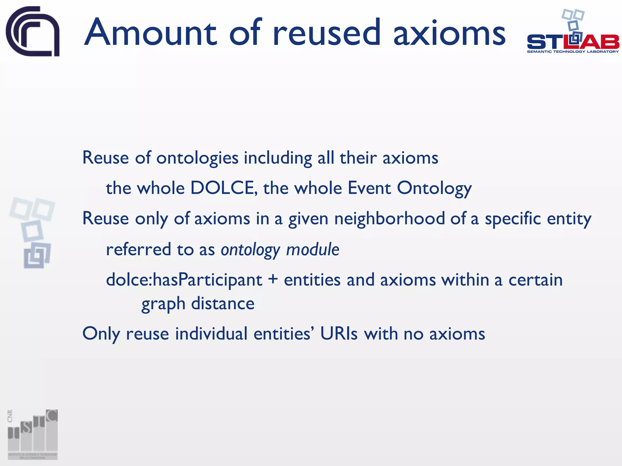 Reuse of ontologies including all their axioms
the whole DOLCE, the whole Event Ontology
Reuse only of axioms in a given neighborhood of a specific entity
referred to as ontology module
dolce:hasParticipant + entities and axioms within a certain
graph distance
Only reuse individual entities’ URIs with no axioms
Amount of reused axioms
 
