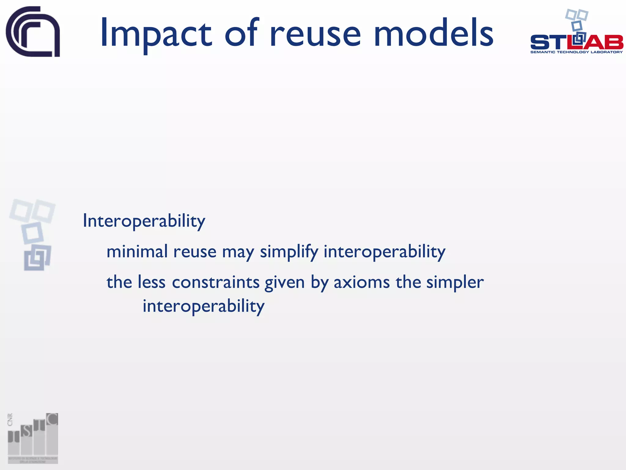 Interoperability
minimal reuse may simplify interoperability
the less constraints given by axioms the simpler
interoperability
Impact of reuse models
 