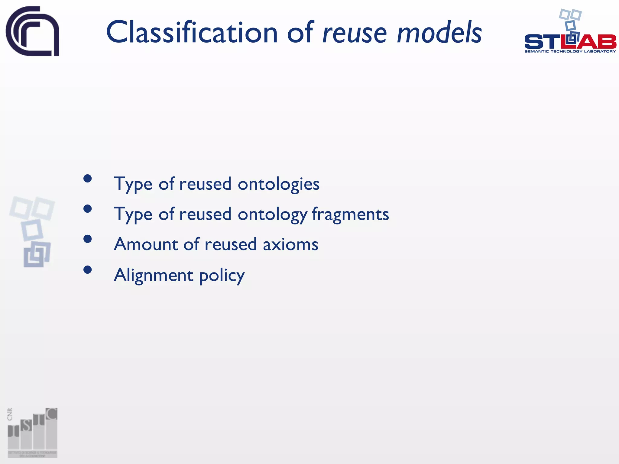 • Type of reused ontologies
• Type of reused ontology fragments
• Amount of reused axioms
• Alignment policy
Classification of reuse models
 