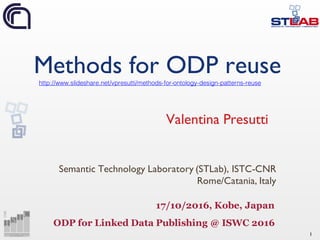 1
Methods for ODP reuse
Valentina Presutti
Semantic Technology Laboratory (STLab), ISTC-CNR
Rome/Catania, Italy
17/10/2016, Kobe, Japan
ODP for Linked Data Publishing @ ISWC 2016
http://www.slideshare.net/vpresutti/methods-for-ontology-design-patterns-reuse
 