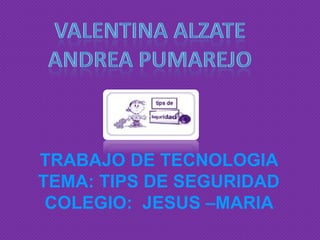Valentina Alzate Andrea Pumarejo TRABAJO DE TECNOLOGIA TEMA: TIPS DE SEGURIDADCOLEGIO:  JESUS –MARIA  