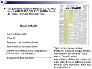      Sul quotidiano nazionale francese “LE FIGARO”
      esce il MANIFESTO DEL FUTURISMO, firmato
                                FUTURISMO
      da Filippo Tommaso Marinetti (1909)




                  NUOVI VALORI:


    • Amore del pericolo;
    • Velocità;
    • Disprezzo del “tradizionalismo”;
    • Nuovi modi di comunicazione;
                                                 “I più anziani fra noi, hanno
    • Contro il sentimentalismo (“Uccidiamo il   trent'anni: ci rimane dunque almeno
    chiaro di luna” F.T Marinetti);              un decennio, per compier l'opera
                                                 nostra. Quando avremo
    • Esaltazione della gioventù
                                                 quarant'anni, altri uomini più giovani
                                                 e più validi di noi, ci gettino pure nel
                                                 cestino, come manoscritti inutili. Noi
                                                 lo desideriamo!”
 