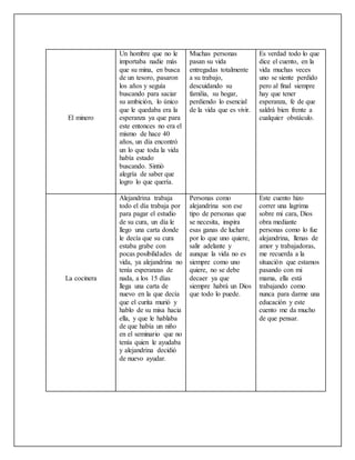 El minero 
Un hombre que no le 
importaba nadie más 
que su mina, en busca 
de un tesoro, pasaron 
los años y seguía 
buscando para saciar 
su ambición, lo único 
que le quedaba era la 
esperanza ya que para 
este entonces no era el 
mismo de hace 40 
años, un día encontró 
un lo que toda la vida 
había estado 
buscando. Sintió 
alegría de saber que 
logro lo que quería. 
Muchas personas 
pasan su vida 
entregadas totalmente 
a su trabajo, 
descuidando su 
familia, su hogar, 
perdiendo lo esencial 
de la vida que es vivir. 
Es verdad todo lo que 
dice el cuento, en la 
vida muchas veces 
uno se siente perdido 
pero al final siempre 
hay que tener 
esperanza, fe de que 
saldrá bien frente a 
cualquier obstáculo. 
La cocinera 
Alejandrina trabaja 
todo el día trabaja por 
para pagar el estudio 
de su cura, un día le 
llego una carta donde 
le decía que su cura 
estaba grabe con 
pocas posibilidades de 
vida, ya alejandrina no 
tenía esperanzas de 
nada, a los 15 días 
llega una carta de 
nuevo en la que decía 
que el curita murió y 
hablo de su misa hacia 
ella, y que le hablaba 
de que había un niño 
en el seminario que no 
tenía quien le ayudaba 
y alejandrina decidió 
de nuevo ayudar. 
Personas como 
alejandrina son ese 
tipo de personas que 
se necesita, inspira 
esas ganas de luchar 
por lo que uno quiere, 
salir adelante y 
aunque la vida no es 
siempre como uno 
quiere, no se debe 
decaer ya que 
siempre habrá un Dios 
que todo lo puede. 
Este cuento hizo 
correr una lagrima 
sobre mi cara, Dios 
obra mediante 
personas como lo fue 
alejandrina, llenas de 
amor y trabajadoras, 
me recuerda a la 
situación que estamos 
pasando con mi 
mama, ella está 
trabajando como 
nunca para darme una 
educación y este 
cuento me da mucho 
de que pensar. 
 