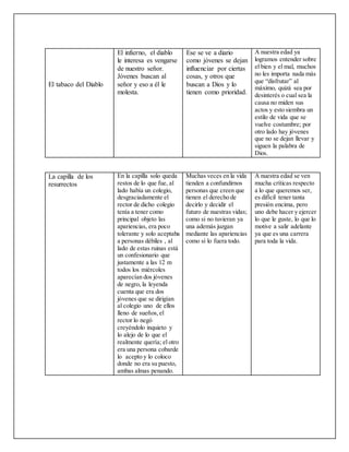 La capilla de los 
resurrectos 
En la capilla solo queda 
restos de lo que fue, al 
lado había un colegio, 
desgraciadamente el 
rector de dicho colegio 
tenía a tener como 
principal objeto las 
apariencias, era poco 
tolerante y solo aceptaba 
a personas débiles , al 
lado de estas ruinas está 
un confesionario que 
justamente a las 12 m 
todos los miércoles 
aparecían dos jóvenes 
de negro, la leyenda 
cuenta que era dos 
jóvenes que se dirigían 
al colegio uno de ellos 
lleno de sueños, el 
rector lo negó 
creyéndolo inquieto y 
lo alejo de lo que el 
realmente quería; el otro 
era una persona cobarde 
lo acepto y lo coloco 
donde no era su puesto, 
ambas almas penando. 
Muchas veces en la vida 
tienden a confundirnos 
personas que creen que 
tienen el derecho de 
decirlo y decidir el 
futuro de nuestras vidas; 
como si no tuvieran ya 
una además juzgan 
mediante las apariencias 
como si lo fuera todo. 
A nuestra edad se ven 
mucha críticas respecto 
a lo que queremos ser, 
es difícil tener tanta 
presión encima, pero 
uno debe hacer y ejercer 
lo que le guste, lo que lo 
motive a salir adelante 
ya que es una carrera 
para toda la vida. 
El tabaco del Diablo 
El infierno, el diablo 
le interesa es vengarse 
de nuestro señor. 
Jóvenes buscan al 
señor y eso a él le 
molesta. 
Ese se ve a diario 
como jóvenes se dejan 
influenciar por ciertas 
cosas, y otros que 
buscan a Dios y lo 
tienen como prioridad. 
A nuestra edad ya 
logramos entender sobre 
el bien y el mal, muchos 
no les importa nada más 
que “disfrutar” al 
máximo, quizá sea por 
desinterés o cual sea la 
causa no miden sus 
actos y esto siembra un 
estilo de vida que se 
vuelve costumbre; por 
otro lado hay jóvenes 
que no se dejan llevar y 
siguen la palabra de 
Dios. 
