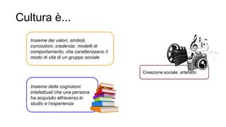 Insieme dei valori, simboli,
concezioni, credenze, modelli di
comportamento, che caratterizzano il
modo di vita di un gruppo sociale
Creazione sociale, artefatto
Insieme delle cognizioni
intellettuali che una persona
ha acquisito attraverso lo
studio e l’esperienza
Cultura è...
 