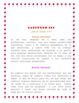 CAPITULO III
¿HACIA DÓNDE VOY?
Visión personal
Yo me veo, después de 5 años como una
profesional exitosa, con una buena estabilidad
económica, junto a mi familia apoyándola en lo
que necesiten, y sobre todo con un trabajo
estable bien remunerado de acuerdo a mi perfil
para poderme desenvolver, después de 10 años me
veo con mis metas alcanzadas con un hogar y una
familia construida en cuanto a mis estudios
quiero continuar preparando.
Misión Personal
Es cumplir mis metas ser una profesional soy una
persona, capaz de cumplir todos mis objetivos y
saber lo que es mejor para mí, sé que tengo que
cambiar algunos defectos de mi personalidad pero
me tengo fe y confianza a mi misma para lograr
cada cosa que me proponga y con esto busco
mejorar y tener una buena calidad de vida lo
hago por un futuro mejor.
 
