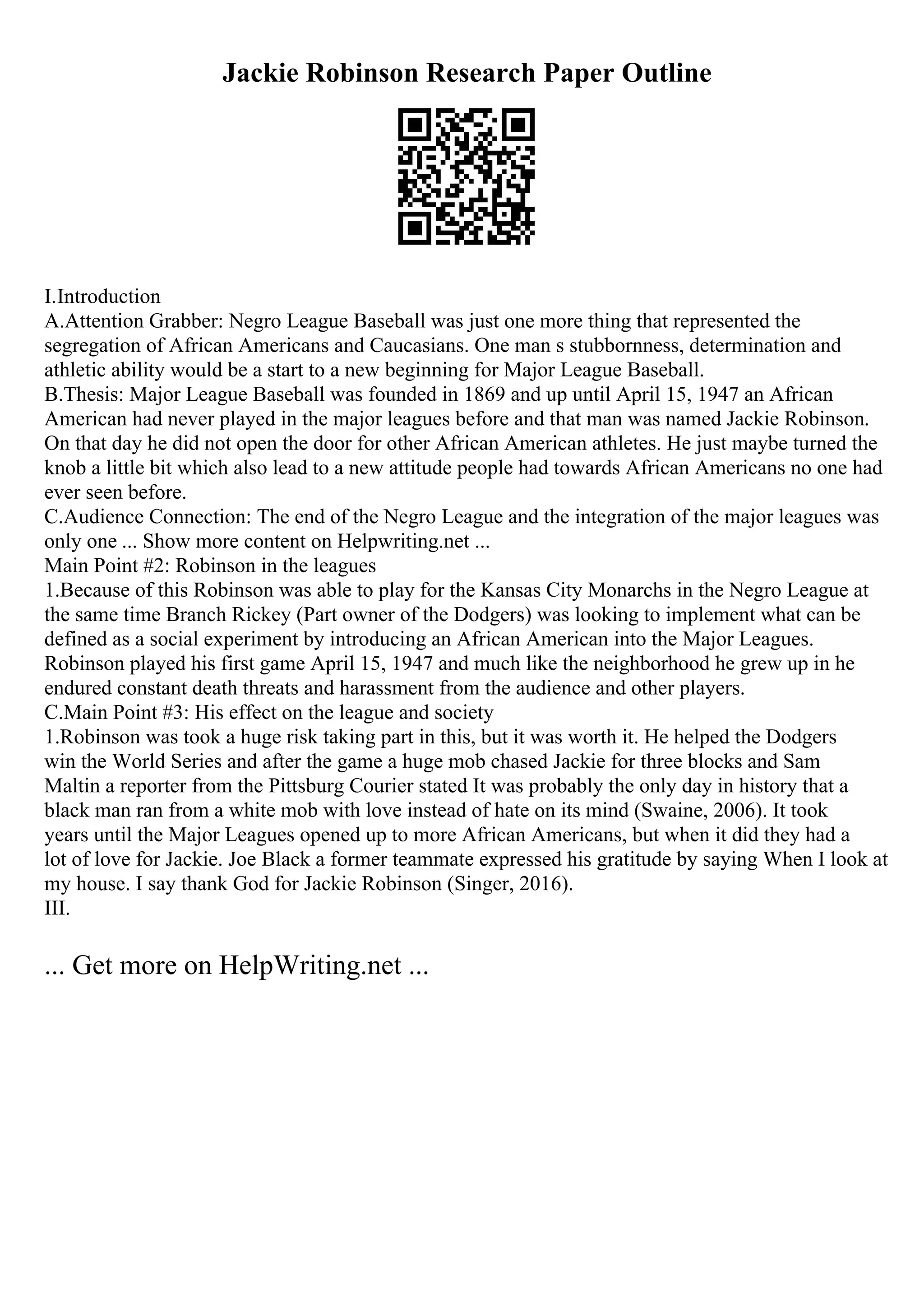 Jackie Robinson Research Paper Outline
I.Introduction
A.Attention Grabber: Negro League Baseball was just one more thing that represented the
segregation of African Americans and Caucasians. One man s stubbornness, determination and
athletic ability would be a start to a new beginning for Major League Baseball.
B.Thesis: Major League Baseball was founded in 1869 and up until April 15, 1947 an African
American had never played in the major leagues before and that man was named Jackie Robinson.
On that day he did not open the door for other African American athletes. He just maybe turned the
knob a little bit which also lead to a new attitude people had towards African Americans no one had
ever seen before.
C.Audience Connection: The end of the Negro League and the integration of the major leagues was
only one ... Show more content on Helpwriting.net ...
Main Point #2: Robinson in the leagues
1.Because of this Robinson was able to play for the Kansas City Monarchs in the Negro League at
the same time Branch Rickey (Part owner of the Dodgers) was looking to implement what can be
defined as a social experiment by introducing an African American into the Major Leagues.
Robinson played his first game April 15, 1947 and much like the neighborhood he grew up in he
endured constant death threats and harassment from the audience and other players.
C.Main Point #3: His effect on the league and society
1.Robinson was took a huge risk taking part in this, but it was worth it. He helped the Dodgers
win the World Series and after the game a huge mob chased Jackie for three blocks and Sam
Maltin a reporter from the Pittsburg Courier stated It was probably the only day in history that a
black man ran from a white mob with love instead of hate on its mind (Swaine, 2006). It took
years until the Major Leagues opened up to more African Americans, but when it did they had a
lot of love for Jackie. Joe Black a former teammate expressed his gratitude by saying When I look at
my house. I say thank God for Jackie Robinson (Singer, 2016).
III.
... Get more on HelpWriting.net ...
 