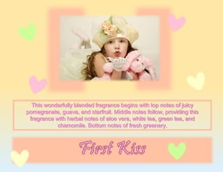 This wonderfully blended fragrance begins with top notes of juicy
pomegranate, guava, and starfruit. Middle notes follow, providing this
fragrance with herbal notes of aloe vera, white tea, green tea, and
chamomile. Bottom notes of fresh greenery.
 