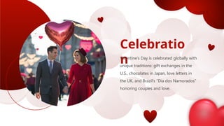 Celebratio
n
Valentine’s Day is celebrated globally with
unique traditions: gift exchanges in the
U.S., chocolates in Japan, love letters in
the UK, and Brazil's “Dia dos Namorados”
honoring couples and love.
 