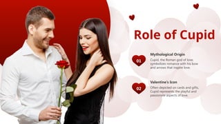 Role of Cupid
Mythological Origin
Cupid, the Roman god of love,
symbolizes romance with his bow
and arrows that inspire love.
01
Valentine’s Icon
Often depicted on cards and gifts,
Cupid represents the playful and
passionate aspects of love.
02
 