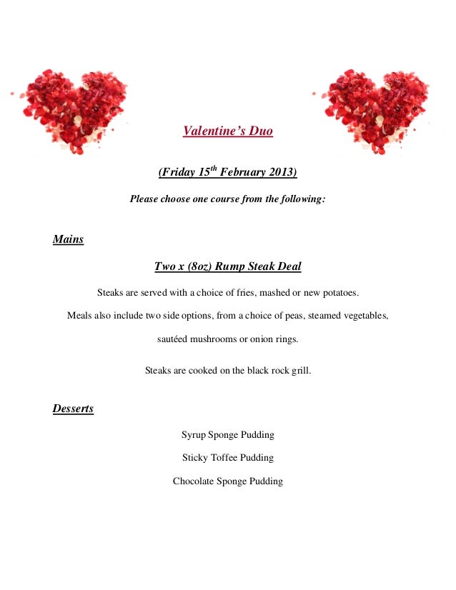 Valentine's Duo Menu - Friday 15th February 2013