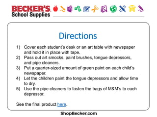 Direc&ons
1)  Cut each piece of notebook paper in half horizontally, giving each
student a half-sheet.
2)  Fold one side of the paper over, leaving ¾ of an inch of space in
between the two ends.
3)  Apply glue on the ¾ of an inch of open space, and fold the glued
end over the non-glued end to seal it off.
4)  Fold one of the open sides of the bag like you would a gift, sealing
it with stick glue. This will be the bottom of your treat bag.
5)  Cut the only side of the paper bag that’s still open with the
decorative-edge scissors.
6)  Put the candy hearts inside and close with a vintage sticker.
See the final product here.
 