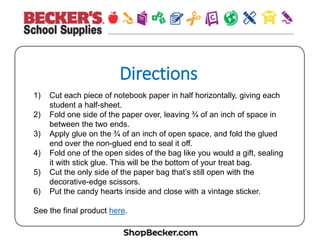 Direc&ons
1)  Cover each student’s desk or an art table with newspaper
and hold it in place with tape.
2)  Pass out art smocks, paint brushes, tongue depressors,
and pipe cleaners.
3)  Put a quarter-sized amount of green paint on each child’s
newspaper.
4)  Let the children paint the tongue depressors and allow time
to dry.
5)  Use the pipe cleaners to fasten the bags of M&M’s to each
depressor.
See the final product here.
 