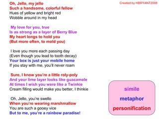 Oh, Jello, my jello
Such a handsome, colorful fellow
Hues of yellow and bright red
Wobble around in my head
My love for you, true
Is as strong as a layer of Berry Blue
My heart longs to hold you
(But more often, to mold you)
I love you more each passing day
(Even though you lead to tooth decay)
Your box is just your mobile home
If you stay with me, you’ll never roam
Sure, I know you’re a little roly-poly
And your lime layer looks like guacamole
At times I wish you were like a Twinkie
Cream filling would make you better, I thinkie
Oh, Jello, you’re swello
When you’re wearing marshmallow
You are such a gooey vice
But to me, you’re a rainbow paradise!
simile
metaphor
personification
Created by HBRYANT2008
 