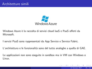 Architetture simili
Windows Azure `e la raccolta di servizi cloud IaaS e PaaS oﬀerti da
Microsoft.
I servizi PaaS sono rappresentati da App Service e Service Fabric.
L’architettura e le funzionalit`a sono del tutto analoghe a quella di GAE.
Le applicazioni non sono eseguite in sandbox ma in VM con Windows o
Linux.
12 Gennaio 2017 15 / 19
 