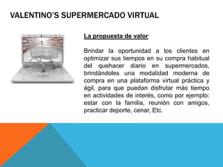 La propuesta de valor
Brindar la oportunidad a los clientes en
optimizar sus tiempos en su compra habitual
del quehacer diario en supermercados,
brindándoles una modalidad moderna de
compra en una plataforma virtual práctica y
ágil, para que puedan disfrutar más tiempo
en actividades de interés, como por ejemplo:
estar con la familia, reunión con amigos,
practicar deporte, cenar, Etc.
VALENTINO’S SUPERMERCADO VIRTUAL
 