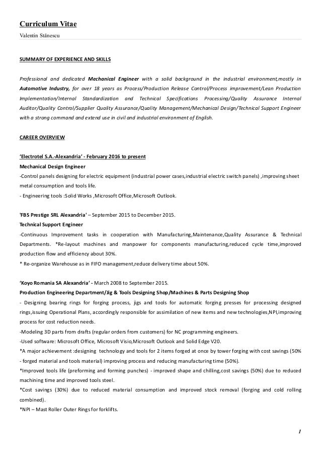 Mechanical engineering summary resume