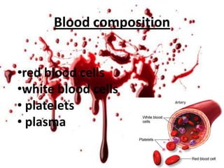 Blood composition


•red blood cells
•white blood cells
• platelets
• plasma
 