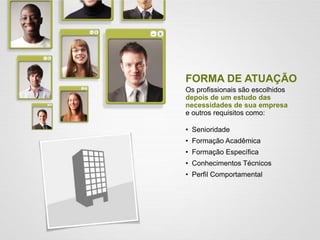 FORMA DE ATUAÇÃO
Os profissionais são escolhidos
depois de um estudo das
necessidades de sua empresa
e outros requisitos como:
• Senioridade
• Formação Acadêmica
• Formação Específica
• Conhecimentos Técnicos
• Perfil Comportamental
 