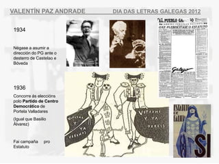 VALENT?N PAZ ANDRADE     DIA DAS LETRAS GALEGAS 2012


1934


Ngase a asumir a
direccin do PG ante o
desterro de Castelao e
Bveda




1936
Concorre s eleccins
polo Partido de Centro
Democrtico de
Portela Valladares
(Igual que Basilio
?lvarez)



Fai campa?a     pro
Estatuto
 