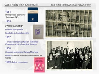 VALENT?N PAZ ANDRADE                       DIA DAS LETRAS GALEGAS 2012

1954
Principios de Economia
Pesquera FAO

1955
Pranto Matricial
Primeiro libro poesa.
Saudade do Castelao morto

1957
1 mes no crcere (artigo en Industrias
Pesqueras e vai a Arxentina de novo.

1958
Organiza os premios Ramn Mourente
Publica Sistema econmico de la pesca en
Galicia

1959 Galicia como tarea
 