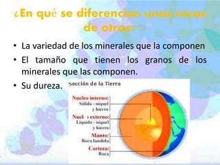 ¿En qué se diferencian unas rocas
de otras?
• La variedad de los minerales que la componen
• El tamaño que tienen los granos de los
minerales que las componen.
• Su dureza.

 