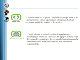 La qualité totale est exigée de l’ensemble du groupe Valeo et de
ses fournisseurs afin de répondre aux attentes des clients en
termes de qualité des produits et des services
L’implication du personnel contribue à la performance
industrielle en optimisant l’efficacité des équipes. Cet axe vise à
développer les compétences des personnels, les améliorer par la
formation et offrir à chacun les moyens pour exercer ses
responsabilités
 