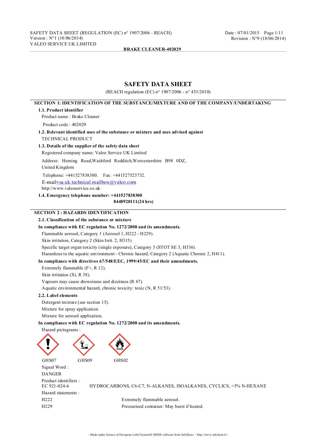 Valeo Braking Systems Brake Cleaner material safety data sheet 402029
