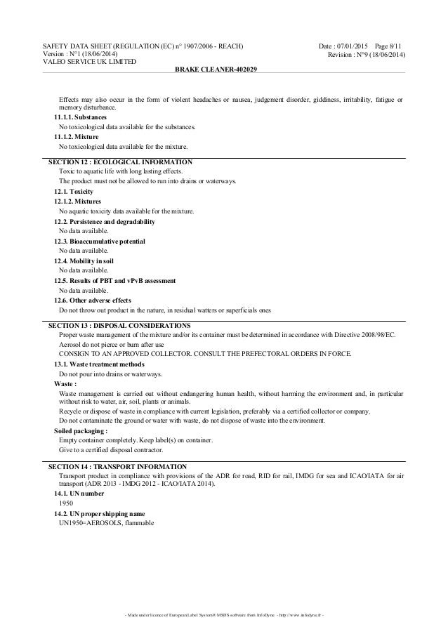 Valeo Braking Systems Brake Cleaner material safety data sheet 402029
