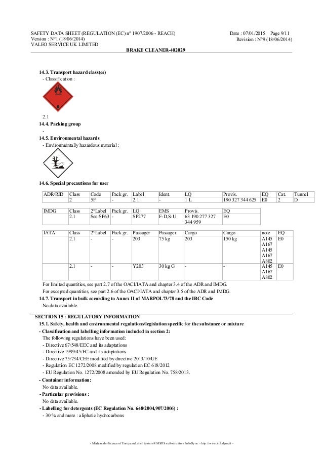 Valeo Braking Systems Brake Cleaner material safety data sheet 402029