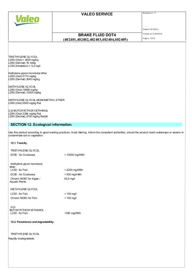 Valeo Braking Systems Brake Fluid DOT 4 material safety data sheet 40…
