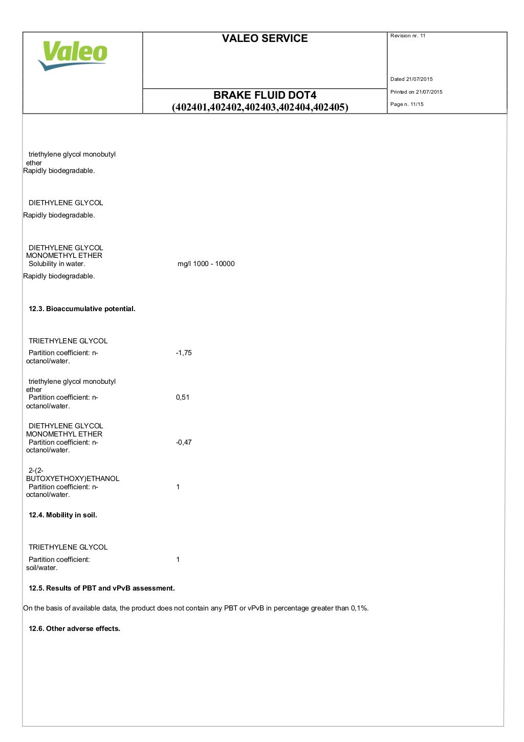 Valeo Braking Systems Brake Fluid DOT 4 material safety data sheet 40…