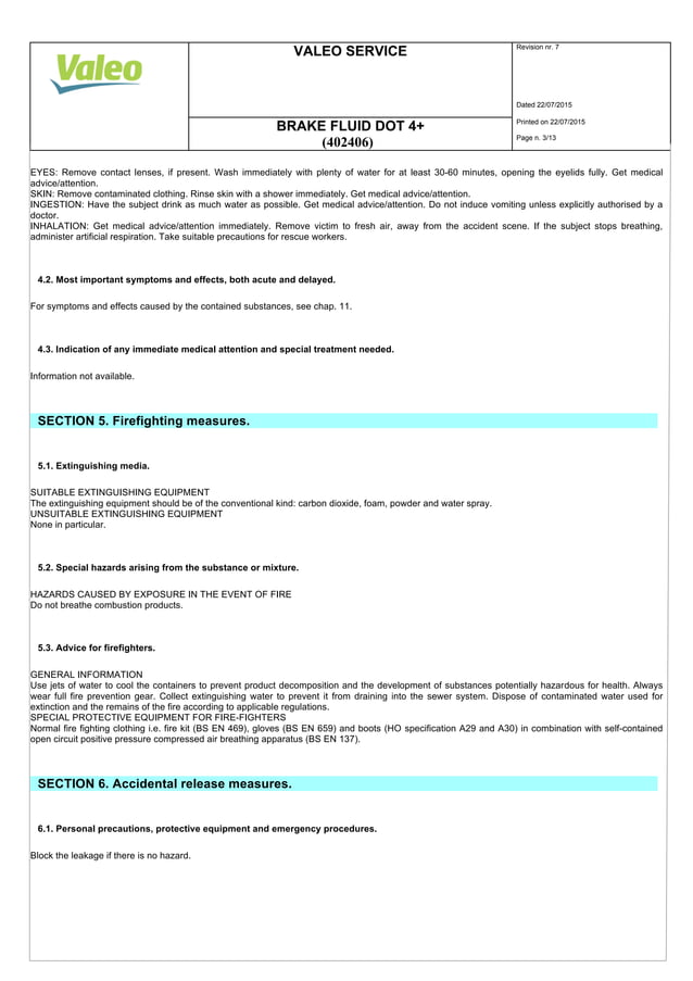 Valeo Braking Systems Brake Fluid DOT 4+ material safety data sheet 402406