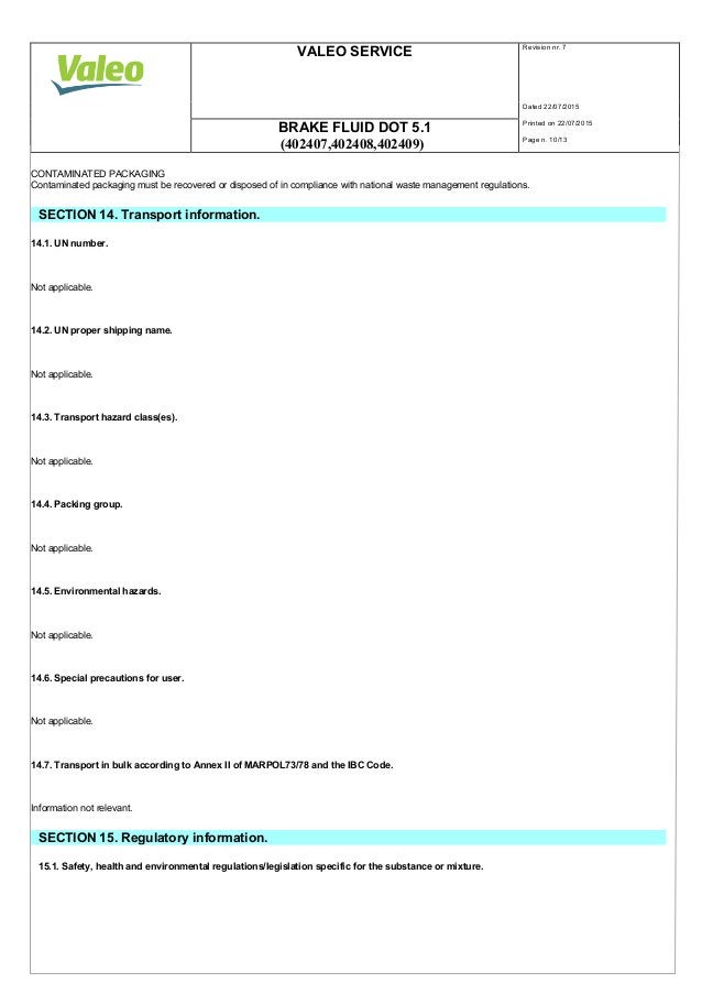 Valeo Braking Systems Brake Fluid DOT 5.1 material safety data sheet 402407 402408 402409