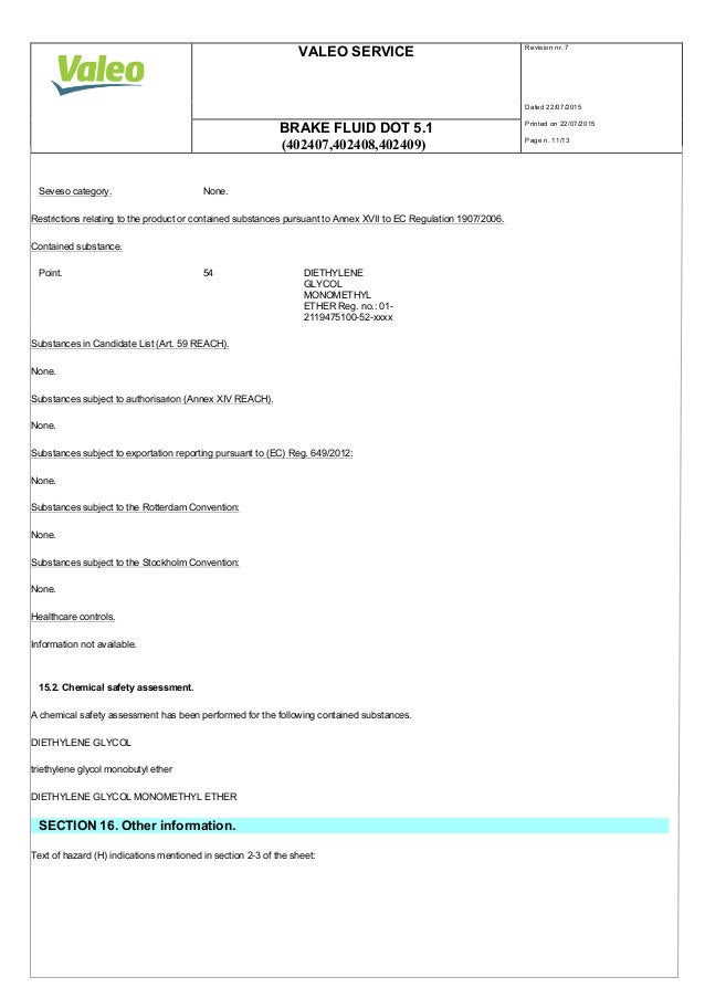 Valeo Braking Systems Brake Fluid DOT 5.1 material safety data sheet 402407 402408 402409