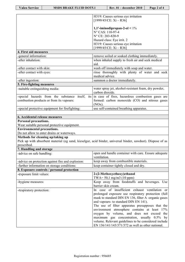 Valeo Braking Systems Brake Fluid DOT 5.1 material safety data sheet 402407 402408 402409
