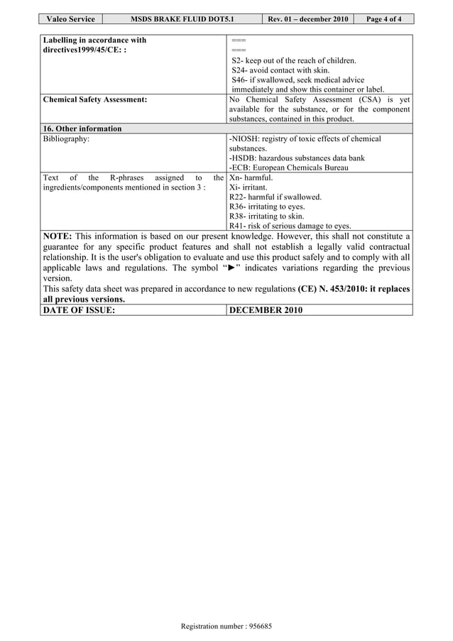 Valeo Braking Systems Brake Fluid DOT 5.1 material safety data sheet 402407 402408 402409