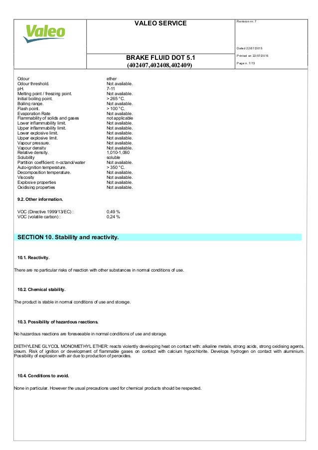Valeo Braking Systems Brake Fluid DOT 5.1 material safety data sheet 402407 402408 402409