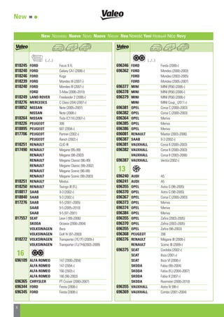 New Nouveau Nuevo Novo Nuovo Nieuw Neu Nowość Yeni Новый ¡¤Ô Novy
b (.../...)
818245 FORD Focus II FL
818240 FORD Galaxy CA1 (2006)
818246 FORD Kuga
818239 FORD Mondeo III (2007)
818240 FORD Mondeo III (2007)
FORD S-Max (20062010)
818249 LAND ROVER Freelander 2 (2006)
818276 MERCEDES C Class (204) (2007)
818852 NISSAN Note (20052007)
NISSAN Note (2008)
818264 NISSAN Tiida (C11X) (2007)
818226 PEUGEOT 308
818895 PEUGEOT 607 (2004)
817706 PEUGEOT Partner (2002)
PEUGEOT Ranch (2002)
818251 RENAULT CLIO III
817490 RENAULT Megane (9599)
RENAULT Megane (982003)
RENAULT Megane Classic (9699)
RENAULT Megane Classic (992002)
RENAULT Megane Scenic (9699)
RENAULT Megane Scenic (992003)
818251 RENAULT Modus
818250 RENAULT Twingo III (FL)
818817 SAAB 9-3 (2002)
818840 SAAB 9-3 (2002)
817276 SAAB 9-5 (20012005)
SAAB 9-5 (20052010)
SAAB 9-5 (972001)
817557 SEAT Leon I (992006)
SKODA Octavia (20002004)
VOLKSWAGEN Bora
VOLKSWAGEN Golf IV (972003)
818272 VOLKSWAGEN Transporter (7E/7F) (2009)
VOLKSWAGEN Transporter (7J/7H)(20032009)
16 c
696109 ALFA ROMEO 147 (20002004)
ALFA ROMEO 147 (2004)
ALFA ROMEO 166 (2003)
ALFA ROMEO 166 (982003)
696365 CHRYSLER PT Cruiser (20002007)
696344 FORD Fiesta (2008)
696345 FORD Fiesta (2008)
c (.../...)
696346 FORD Fiesta (2008)
696362 FORD Mondeo (20002003)
FORD Mondeo (20032005)
FORD Mondeo (20052007)
696377 MINI MINI (R56) (2006)
696378 MINI MINI (R56) (2006)
696379 MINI MINI (R56) (2006)
MINI MINI Coup_ (2011)
696381 OPEL Corsa C (20002003)
696382 OPEL Corsa C (20002003)
696364 OPEL Meriva
696385 OPEL Meriva
696386 OPEL Meriva
696081 RENAULT Master (20032006)
696387 SAAB 9-3 (2002)
696381 VAUXHALL Corsa II (20002003)
696382 VAUXHALL Corsa II (20002003)
VAUXHALL Corsa II (20032006)
696387 VAUXHALL Vectra (2002)
13 k
696240 AUDI A5
696241 AUDI A5
696355 OPEL Astra G (982005)
696370 OPEL Astra G (982005)
696367 OPEL Corsa C (20002003)
696373 OPEL Meriva
696374 OPEL Meriva
696384 OPEL Meriva
696355 OPEL Zafira (20032005)
696370 OPEL Zafira (20032005)
696355 OPEL Zafira (982003)
696368 PEUGEOT 206
696376 RENAULT Mégane III (2008)
RENAULT Scenic III (2009)
696375 SEAT Cordoba (2002)
SEAT Ibiza (2001)
SEAT Ibiza VI (2008)
SKODA Fabia (992004)
SKODA Fabia (FL) (20042007)
SKODA Fabia II (2007)
SKODA Roomster (20062010)
696355 VAUXHALL Astra IV (98)
696369 VAUXHALL Combo (20012004)
New = • 9
9 9
6
ahi ahi
 