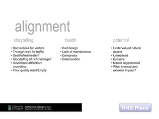 THIS Place
storytelling health potential
alignment
• Bad outlook for visitors
• Through way for traffic
• Sealife/freshwater?
• Storytelling of rich heritage?
• Advertised attraction/
crumbling
• Poor quality retail/Empty
• Undervalued natural
assets
• Unrealised
• Eyesore
• Needs regenerated
• What internal and
external impact?
• Bad design
• Lack of maintenance
• Dampness
• Deterioration
 