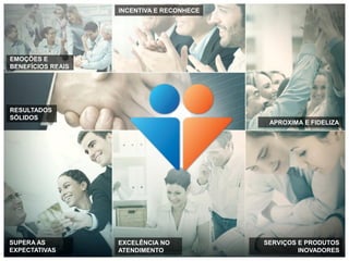 INCENTIVA E RECONHECE




EMOÇÕES E
BENEFÍCIOS REAIS




RESULTADOS
SÓLIDOS
                                            APROXIMA E FIDELIZA




SUPERA AS          EXCELÊNCIA NO           SERVIÇOS E PRODUTOS
EXPECTATIVAS       ATENDIMENTO                      INOVADORES
 