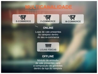 MULTICANALIDADE

E-COMMERCE         F-COMMERCE              M-COMMERCE

                      ONLINE
              Lojas de vale presentes
                 do varejista dentro
                do seu e-commerce




                   LOJAS FÍSICAS


                     OFFLINE
                Módulo de emissão
               de vale presentes para
             a composição de gôndolas
             dentro da loja do varejista
 