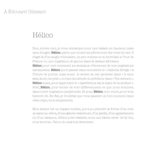 À Édouard Glissant




            Hélico
            Bon, suivez-moi, je vous embarque pour une balade en hauteur, mais
            sans bouger. Hélico, parce que toutes les pièces sont des vues du ciel. Il
            s’agit là d’un angle volontaire, un peu comme si on survolait le Tour de
            France ou une migration de gnous dans la savane africaine.
            Hélico pour voir comment les animaux s’étonnent de nos migrations
            mécanisées. Hélico pour passer sans encombre le « Galleria Bridge » à
            l’heure de pointe, mais aussi le secret de ces cyclistes dans « A mon
            avis, ils en ont pris », ou bien la solitude du prêcheur dans « The sermon ».
            Hélico aussi, pour approcher le « mystérieux sac à main de la mother ».
            Bref, Hélico, pour tenter de voir différemment ce que nous sommes,
            dans notre migration perpétuelle. Et puis, Hélico, tout court, pour voir,
            histoire de. En fait, je voudrais que vous passiez un bon moment dans
            cette expo, tout simplement.

            Mon atelier est un espace mobile, qui a pu prendre la forme d’un coin
            de salon au début, d’une galerie extérieure, d’un jardin, d’un appartement
            ou d’un cabanon. Hélico a été réalisée, sous une bâche verte de 8/ 5m,
            sous les bois. J’ai eu du mal à la démonter.
 