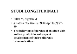 STUDI LONGITUDINALI
• Siller M, Sigman M
• J Autism Dev Disord. 2002 Apr;32(2):77-
  89.
• The behaviors of parents of children with
  autism predict the subsequent
  development of their children's
  communication..
 