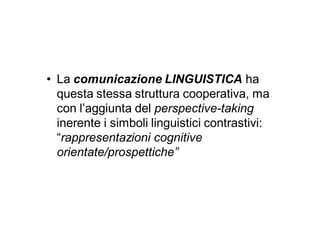 • La comunicazione LINGUISTICA ha
  questa stessa struttura cooperativa, ma
  con l’aggiunta del perspective-taking
  inerente i simboli linguistici contrastivi:
  “rappresentazioni cognitive
  orientate/prospettiche”
 