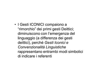 • I Gesti ICONICI compaiono a
  “rimorchio” dei primi gesti Deittici;
  diminuiscono con l’emergenza del
  linguaggio (a differenza dei gesti
  deittici), perché Gesti Iconici e
  Convenzionalità Linguistiche
  rappresentano entrambi modi simbolici
  di indicare i referenti
 