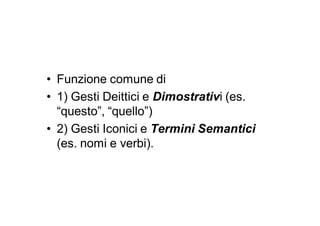• Funzione comune di
• 1) Gesti Deittici e Dimostrativi (es.
  “questo”, “quello”)
• 2) Gesti Iconici e Termini Semantici
  (es. nomi e verbi).
 