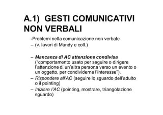 A.1) GESTI COMUNICATIVI
NON VERBALI
 -Problemi nella comunicazione non verbale
 – (v. lavori di Mundy e coll.)

 – Mancanza di AC attenzione condivisa
   (“comportamento usato per seguire o dirigere
   l’attenzione di un’altra persona verso un evento o
   un oggetto, per condividerne l’interesse”).
 – Rispondere all’AC (seguire lo sguardo dell’adulto
   o il pointing)
 – Iniziare l’AC (pointing, mostrare, triangolazione
   sguardo)
 