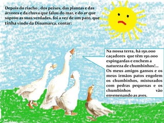 Depois do riacho , dos peixes, das plantas e das árvores e da chuva que falou do mar, e do ar que soprou as suas verdades, foi a vez de um pato, que tinha vindo da Dinamarca, contar:Na nossa terra, há 150.000 caçadores  que têm 150.000 espingardas e enchem a natureza de chumbinhos!…Os meus amigos gansos e os meus irmãos patos engolem os chumbinhos, misturados com pedras pequenas e os chumbinhos vão envenenando as aves.